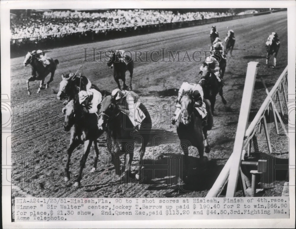 1951 Press Photo T. Barrow on Sir Walter wins fourth race at Hialeah Park, Miami- Historic Images