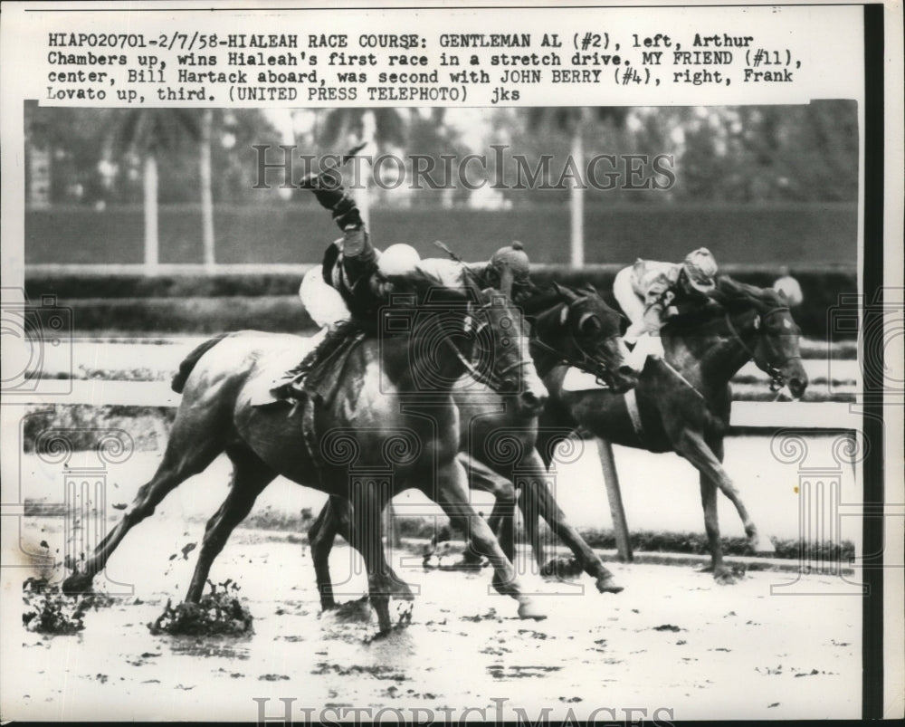 1958 Press Photo Gentleman Al wins the first race of the day at Hialeah Park- Historic Images