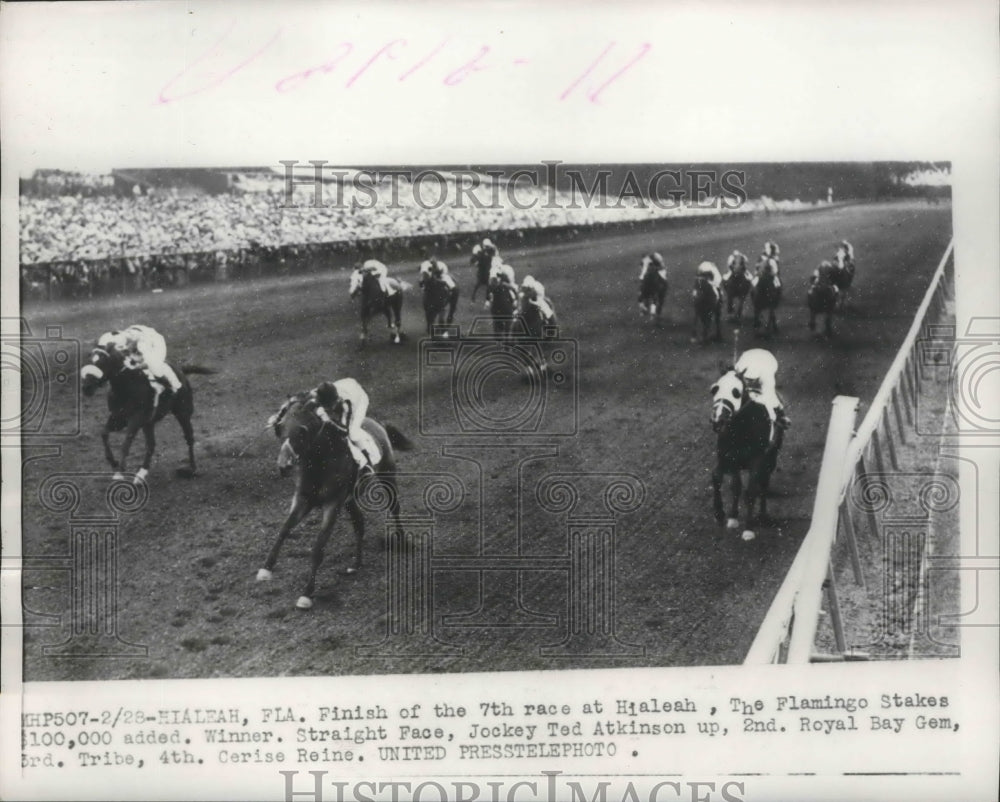 1953 Press Photo Hialeah Fla race Ted Atkinson on Straight Face, Royal Bay Gem