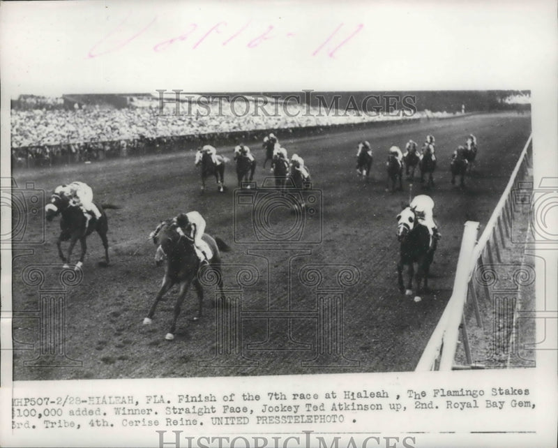 Load image into Gallery viewer, 1953 Press Photo Hialeah Fla race Ted Atkinson on Straight Face, Royal Bay Gem
