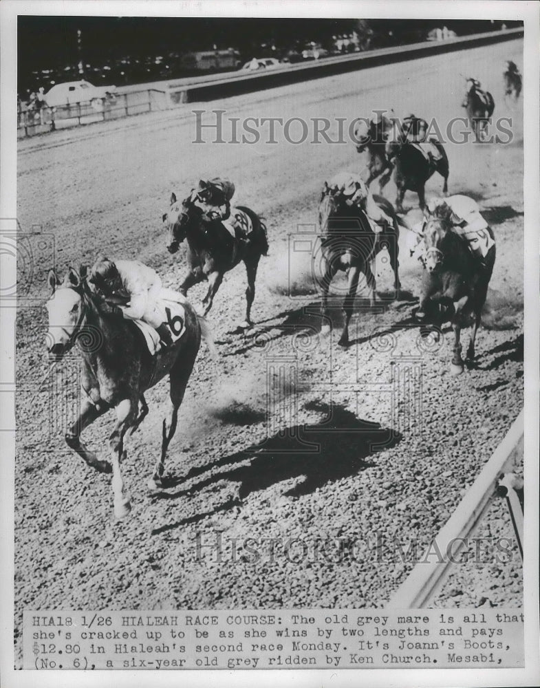 1953 Press Photo Hialeah race Florida Joann&#39;s Roots &amp; jockey Ken Church win- Historic Images