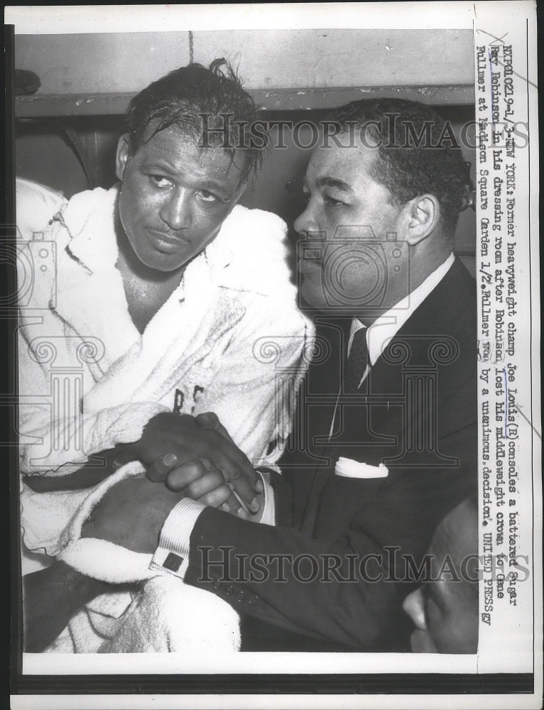 1957 Press Photo Former champ Joe Louis ,Sugar Ray Robonson after G Fullmer bout- Historic Images