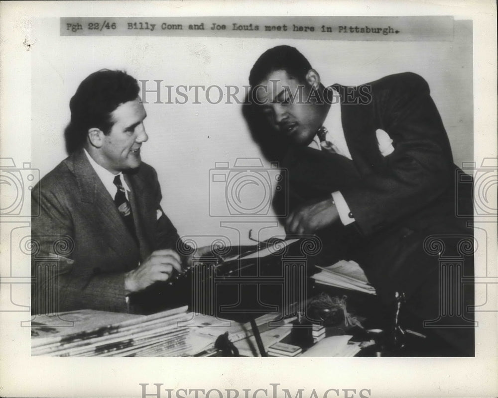 1946 Press Photo Billy Conn & Joe Louis meet in Pittsbutrgh Pennsylvania- Historic Images