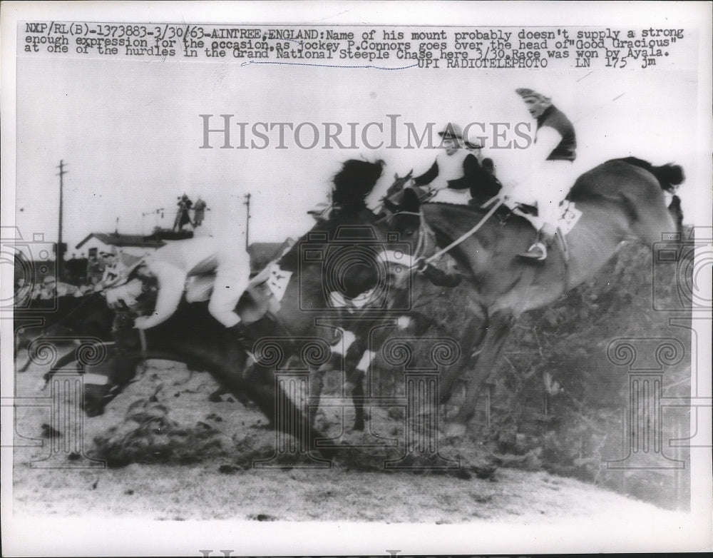 1963 Press Photo Aintree England P Connors thrown by Good Gracious - nes53974- Historic Images