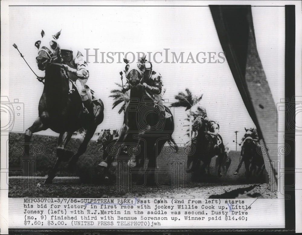 1956 Press Photo Fast Cash wins vs Little Jonesy, Dusty Drive at Gulfstream- Historic Images