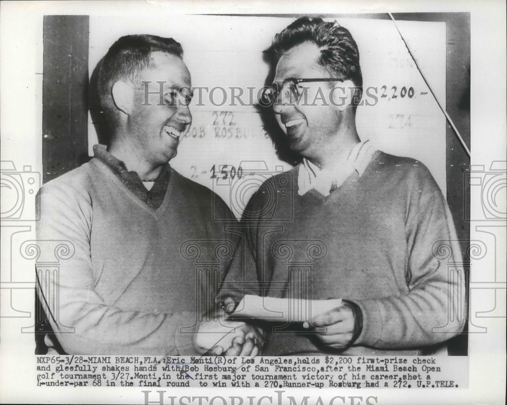 1955 Press Photo Eric Menti, Bob Rosburg at Miami Beach Open in Florida- Historic Images