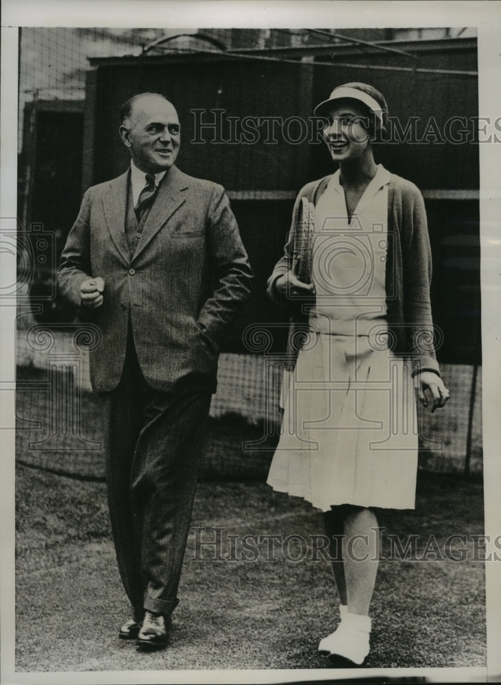 1935 Press Photo Tennis Queen Helen Wills Moody &amp; Major Larkham at Wimbledon- Historic Images