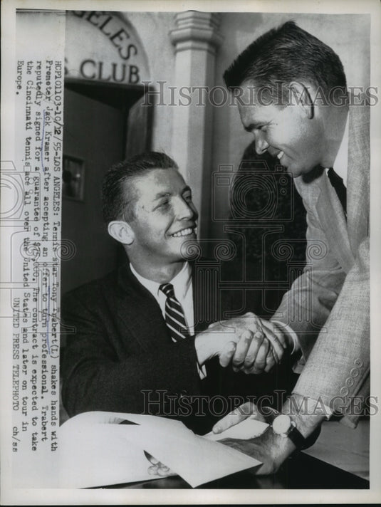 1955 Press Photo Tennis Star Tony Tarbert Signs $75000 Contract with Promoter- Historic Images