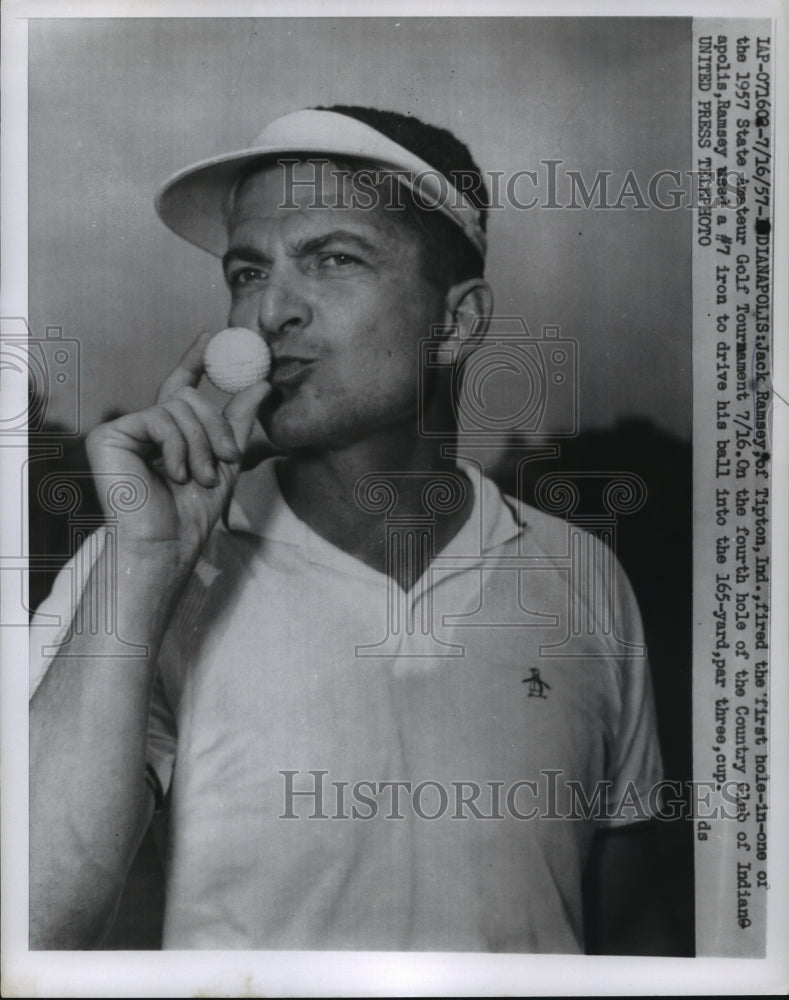 1957 Press Photo Jack Ramsey Fires 1st Hole In One at 1957 State Amateur Tourney- Historic Images