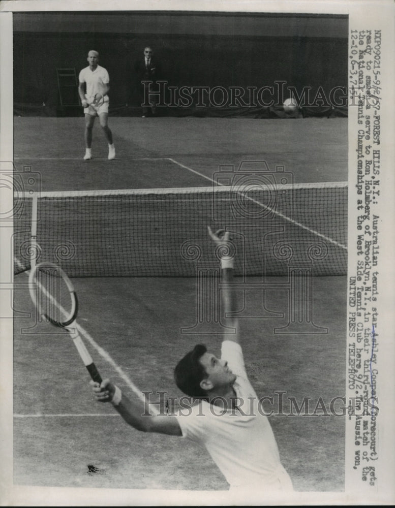 1957 Press Photo Ashley Cooper vs Ron Holmberg at National Tennis in NY- Historic Images