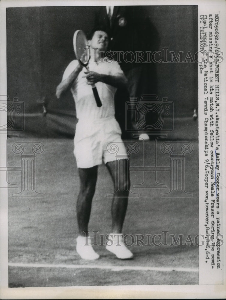 1958 Press Photo US National Tennis in NY Ashley Cooper vs Neale Fraser- Historic Images