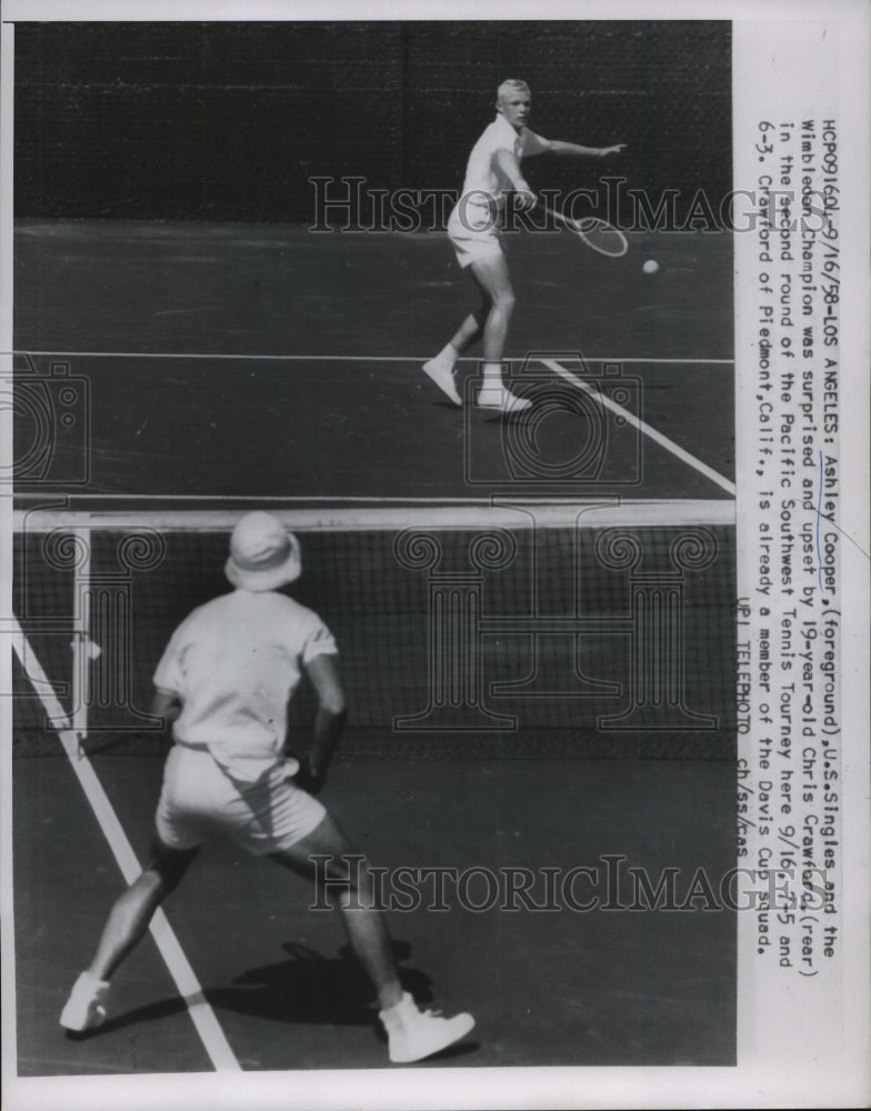 1958 Press Photo Ashley Cooper vs Chris Crawford Pacific SW tennis tournament- Historic Images