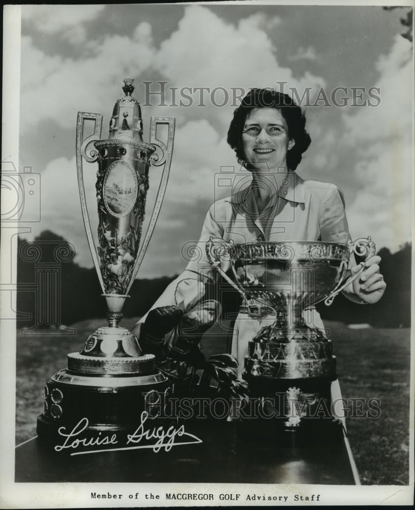 1950 Press Photo Professional Golfer Louise Suggs with Trophies - nes54636- Historic Images