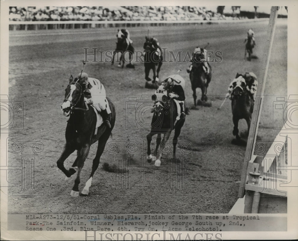 1951 Press Photo &quot;Hierarch&quot; and Jockey George South Up Wins 7th Race at Tropical- Historic Images