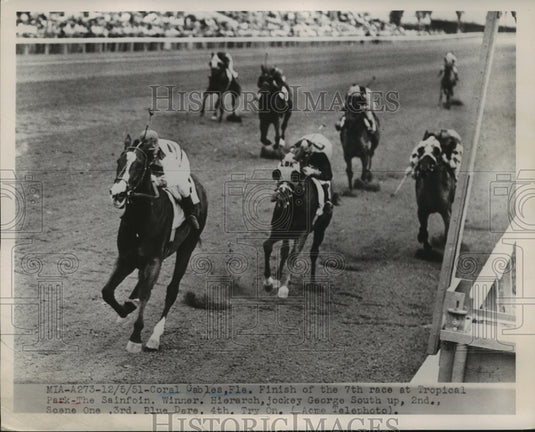 1951 Press Photo "Hierarch" and Jockey George South Up Wins 7th Race at Tropical- Historic Images