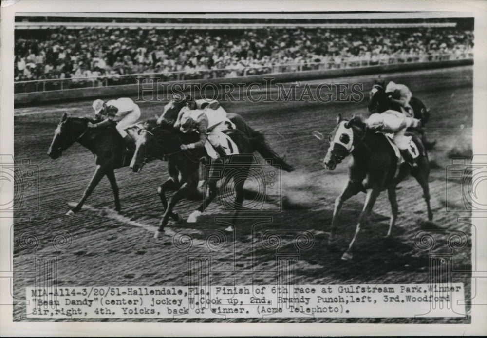 1951 Press Photo &quot;Beau Dandy&quot; and Jockey W. Cook Win 6th Race at Gulfstream Park- Historic Images