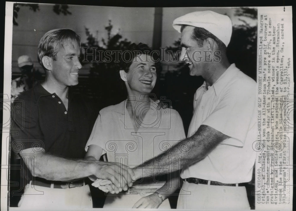 1949 Press Photo Lloyd Mangrum Congratulated by Frank Stranahan & Louise Suggs- Historic Images