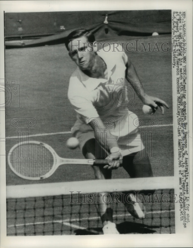 1962 Press Photo Roy Emerson in match against Chuck McKinley in US Tennis match- Historic Images