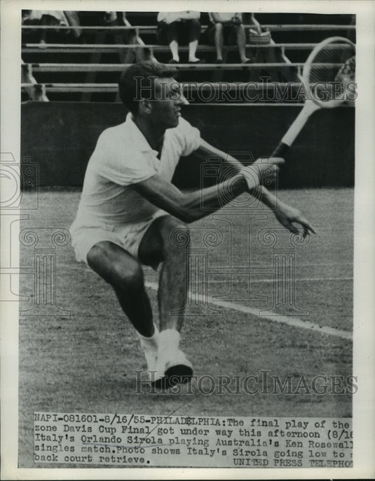 1955 Press Photo Orlando Sirola Playing Australia's Ken Rosewall in Davis Cup- Historic Images