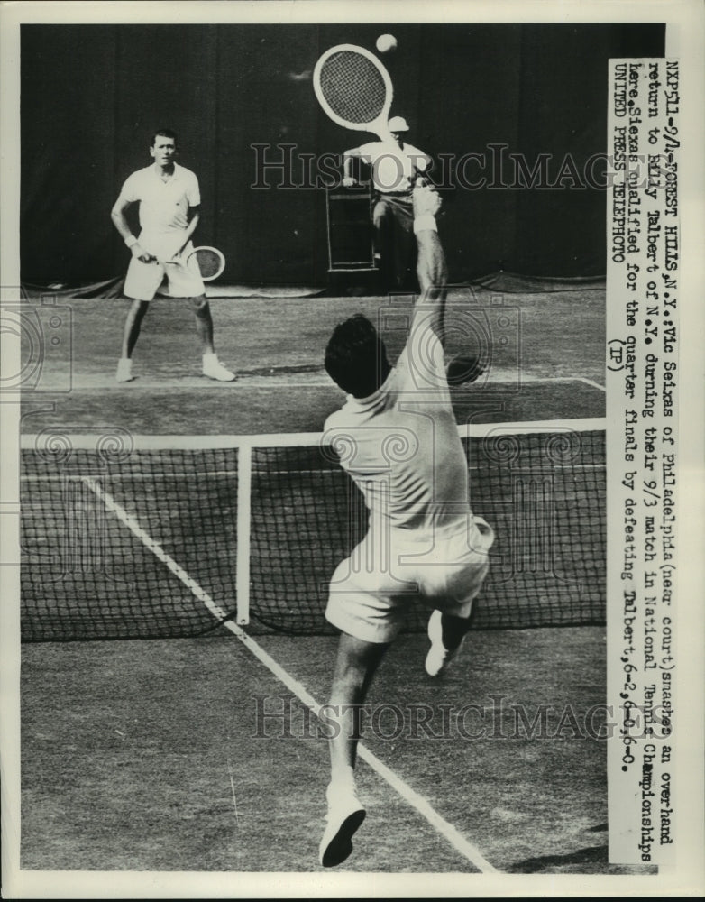 1953 Press Photo Vic Seixas Sends a Smashing Return to Billy Talbert During Game- Historic Images