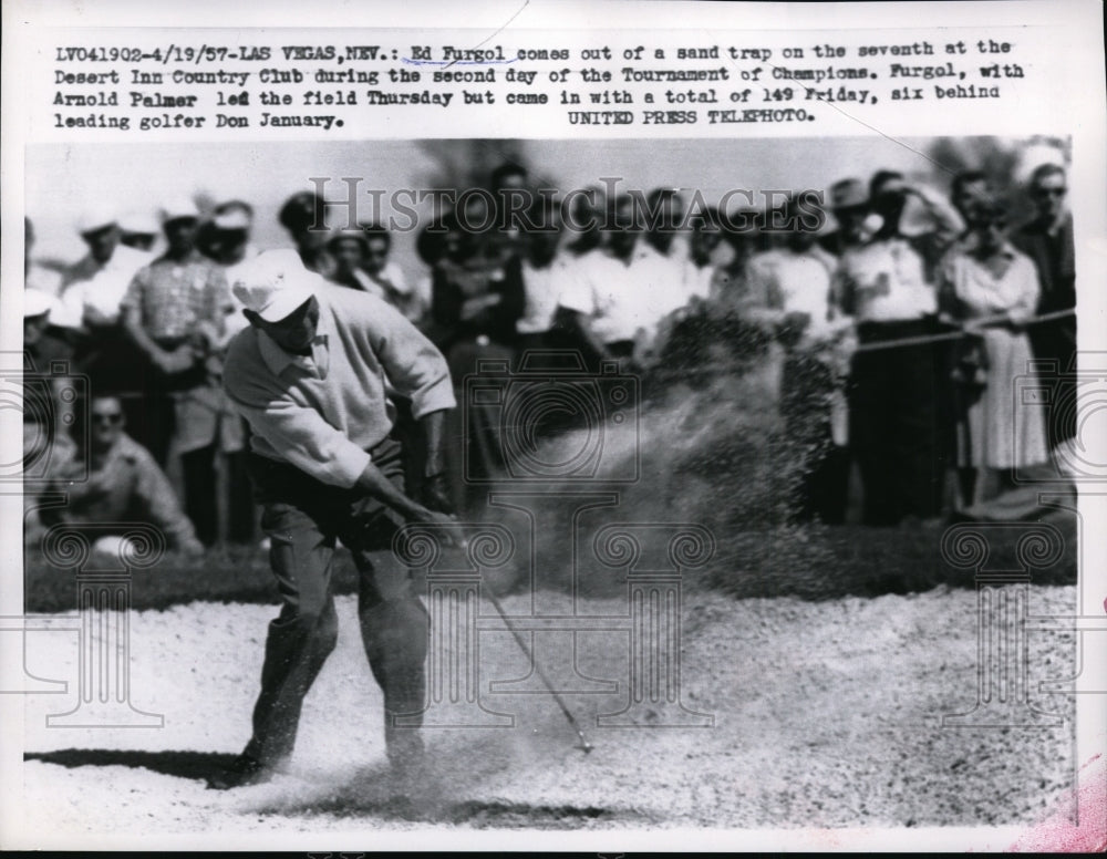 1957 Press Photo Ed Furgol in sand at Tournament of Champions in Las Vegas NV- Historic Images