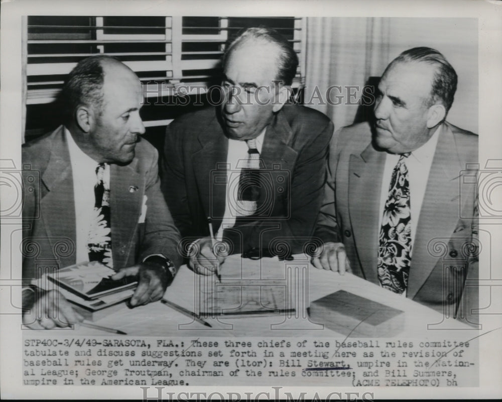 1949 Press Photo Baseball rules men Bill Stewart, George Troutman, Bill Summers- Historic Images