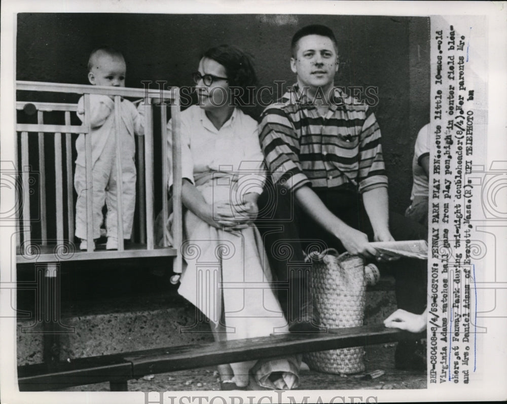 1959 Press Photo Virginia Adams watches ball game at Fenway Park with parents- Historic Images