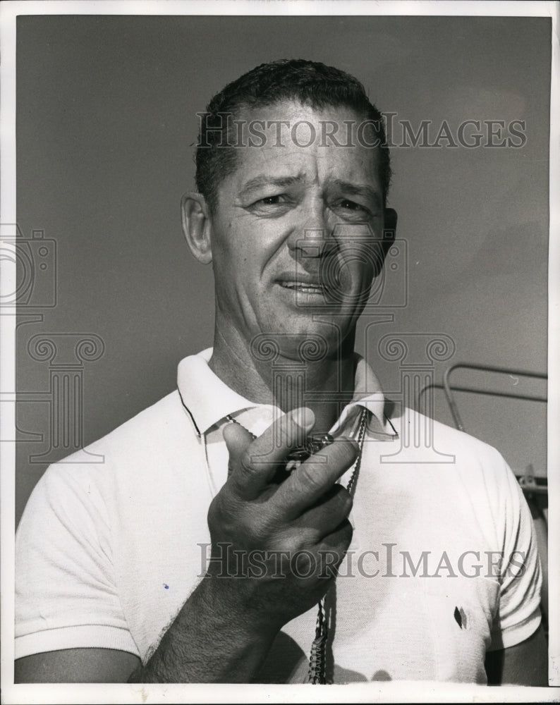 1966 Press Photo Christian B Spark swimming coach times a swimmer - net03560- Historic Images