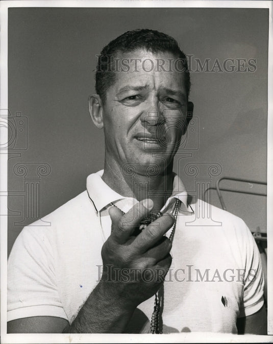1966 Press Photo Christian B Spark swimming coach times a swimmer - net03560- Historic Images