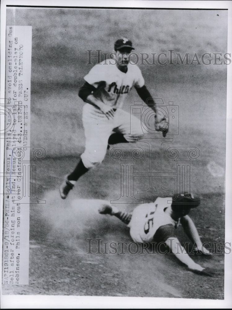 1956 Press Photo Phillies Solly Hemus avoids slide of Reds' Gus Bell - net04228- Historic Images