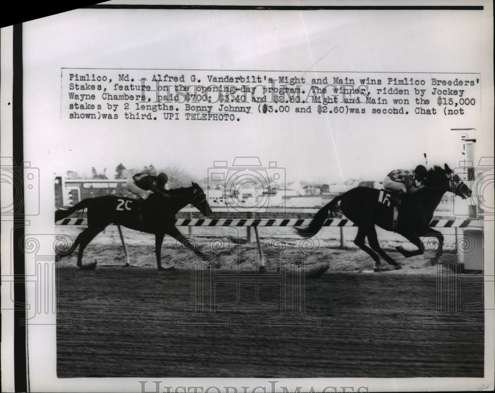 1962 Press Photo Wayne Chambers on Might &amp; Main wins at Pimlico Stakes- Historic Images