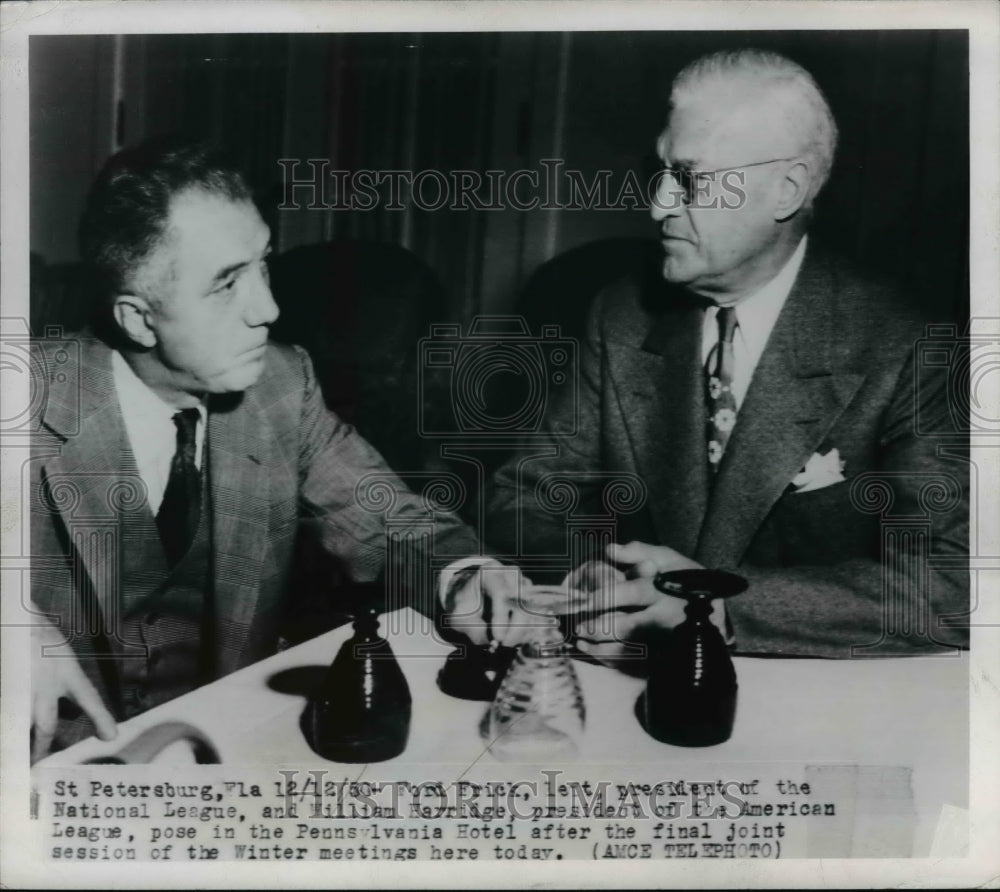 1950 Press Photo NL president Ford Frick and AL president Will Harridge meeting- Historic Images