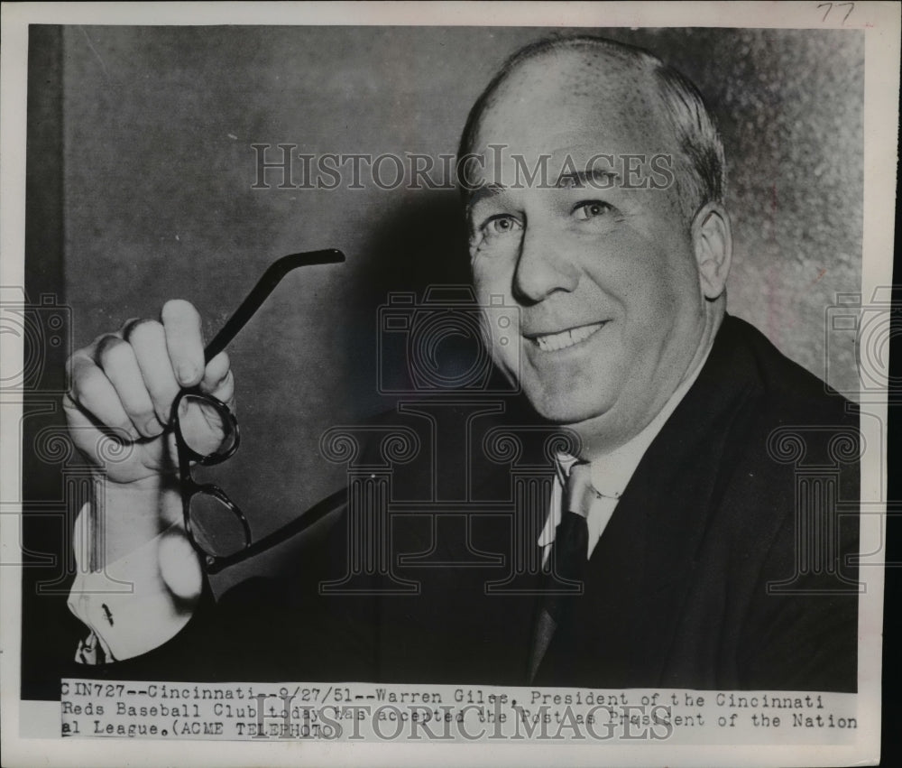 1951 Press Photo Warren Giles president of Cinncinati Reds - net04886- Historic Images