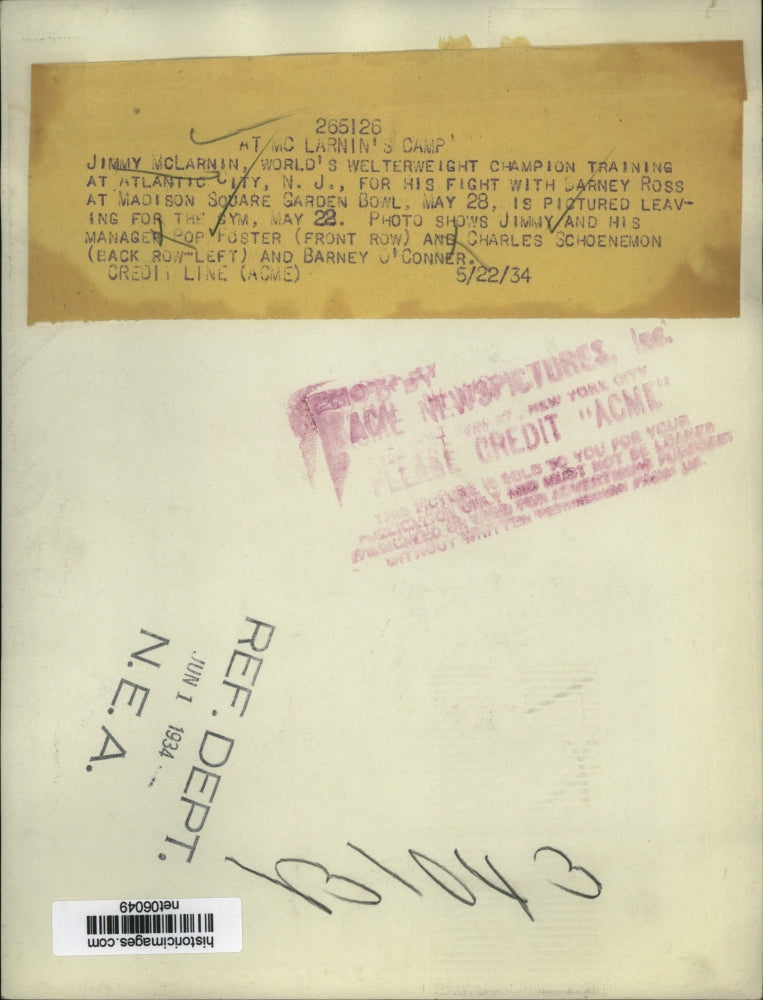 1934 Press Photo Boxer Jimmy McLarnin training for Barney Ross in New York