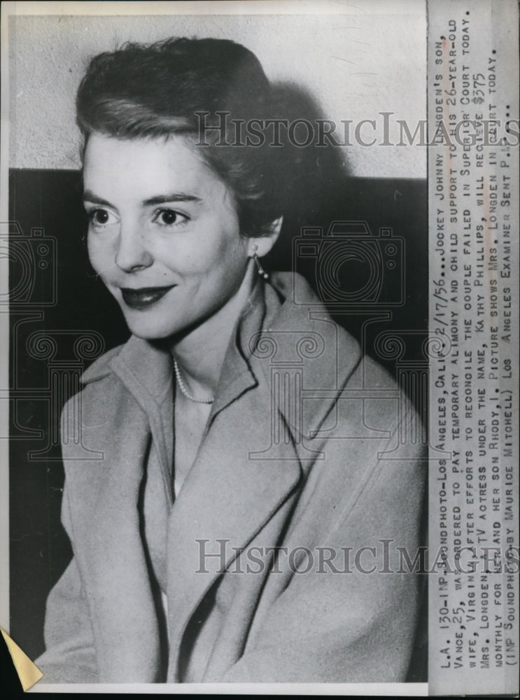 1956 Press Photo Virginia Longden wife of Jockey Kohn Longden&#39;s son - net07245- Historic Images