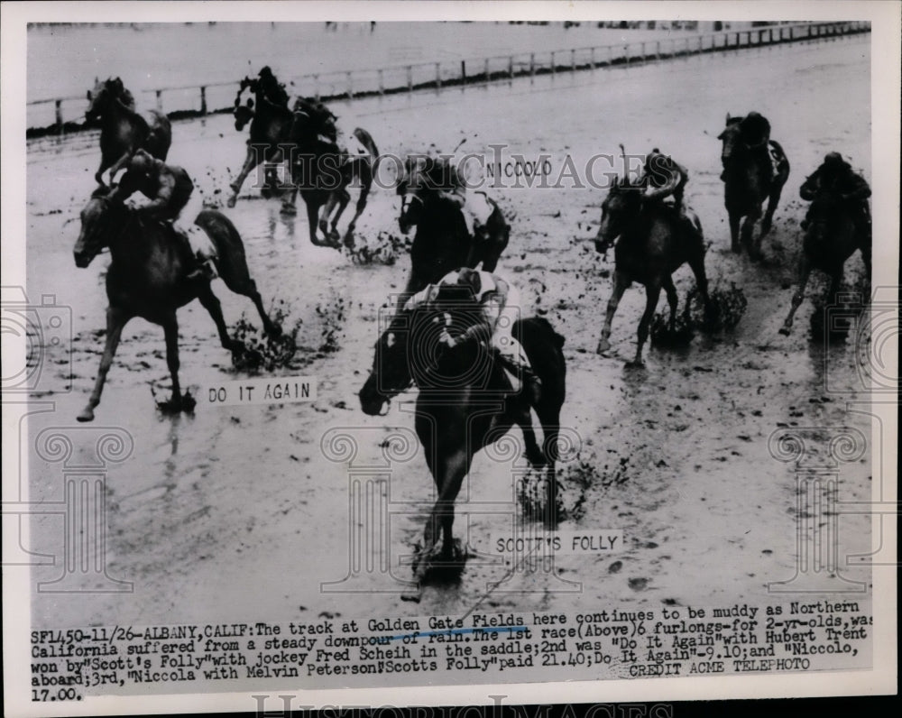 1952 Press Photo Golden Gate Fields race in CA Fred Scheih on Scott&#39;s Folly- Historic Images