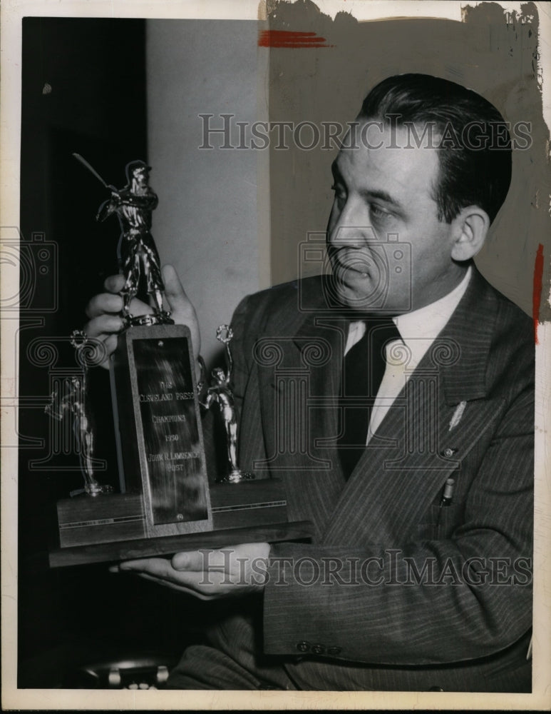 1950 Press Photo The Press Trophy held by John S Nagy of Cleveland baseball- Historic Images