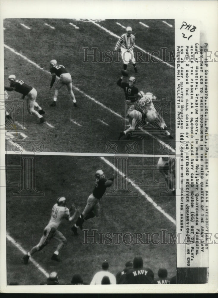 1956 Press Photo Navy QB Forrestal vs Navy;s Rousch &amp; interception - net12157- Historic Images