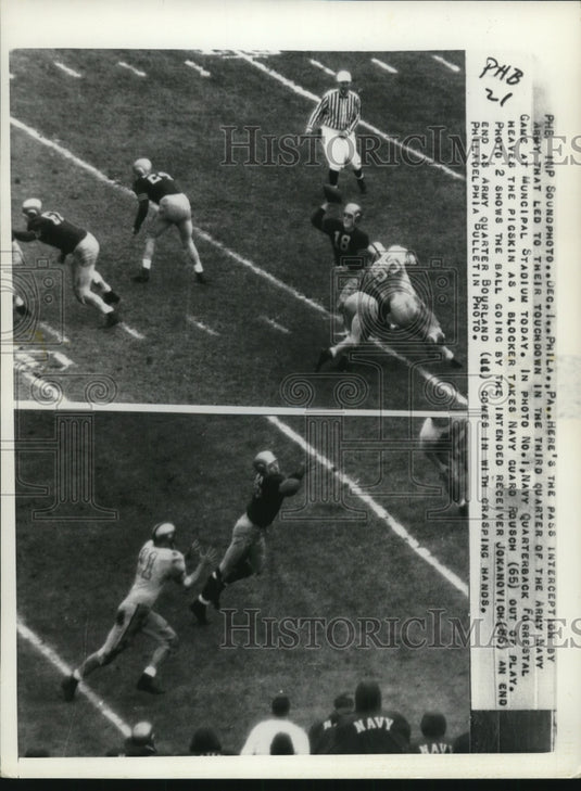 1956 Press Photo Navy QB Forrestal vs Navy;s Rousch & interception - net12157- Historic Images