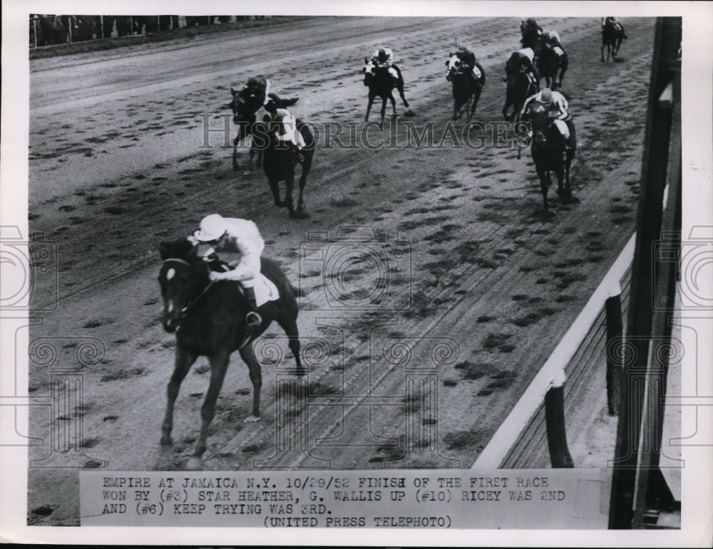 1952 Press Photo Jamaica races NY G Wallis on Star Heather, Ricey 2nd- Historic Images