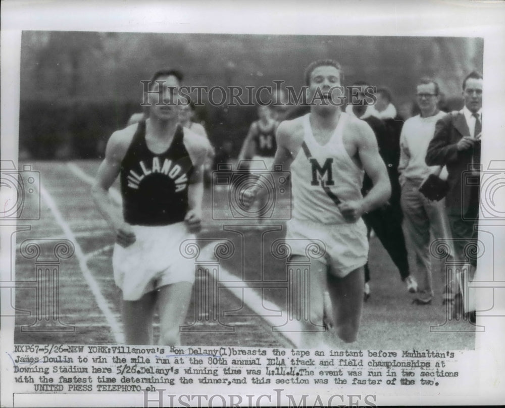 1956 Press Photo Ron Delany wins mile at IC4A in NYC in 4:14.4 vs J Doulin- Historic Images