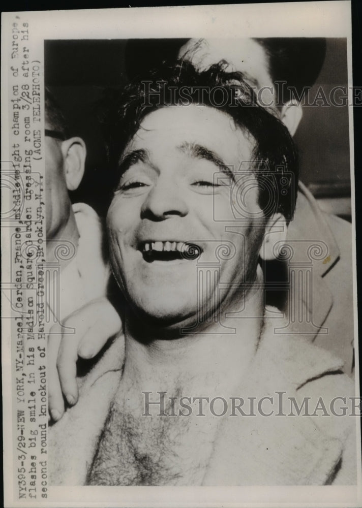 1947 Press Photo Marcel Cardan Smile In His Dressing Room After His Fight- Historic Images