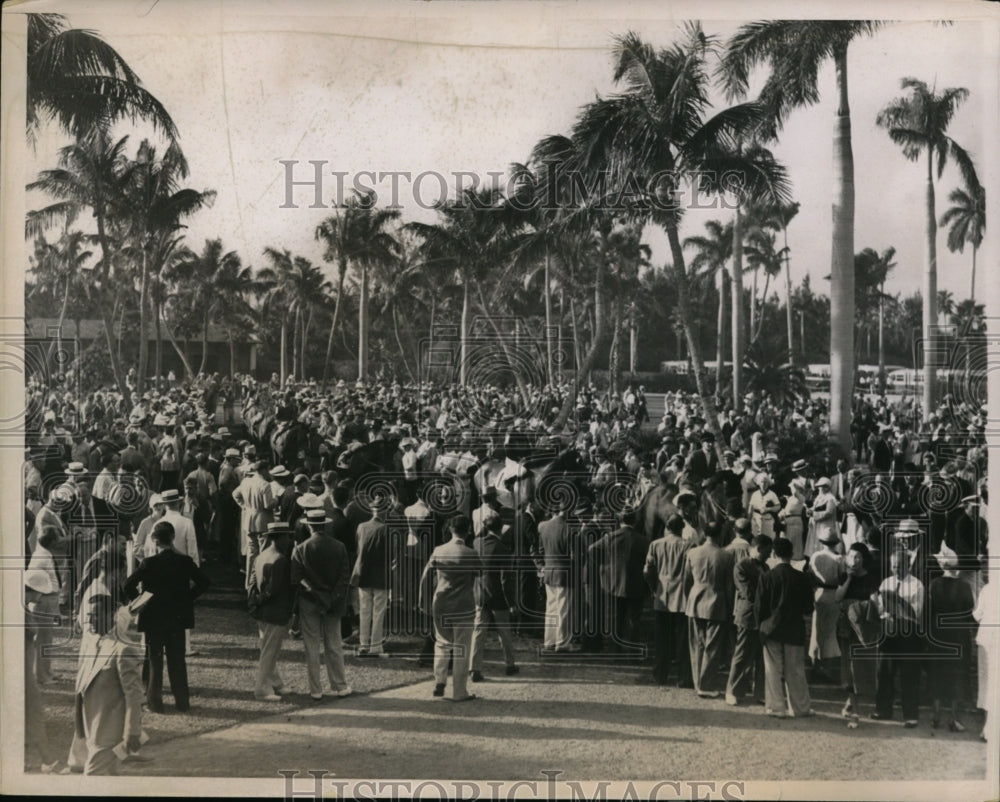 1937 Press Photo Horse racing fans gathered for races at Hialeah Park in Miami- Historic Images