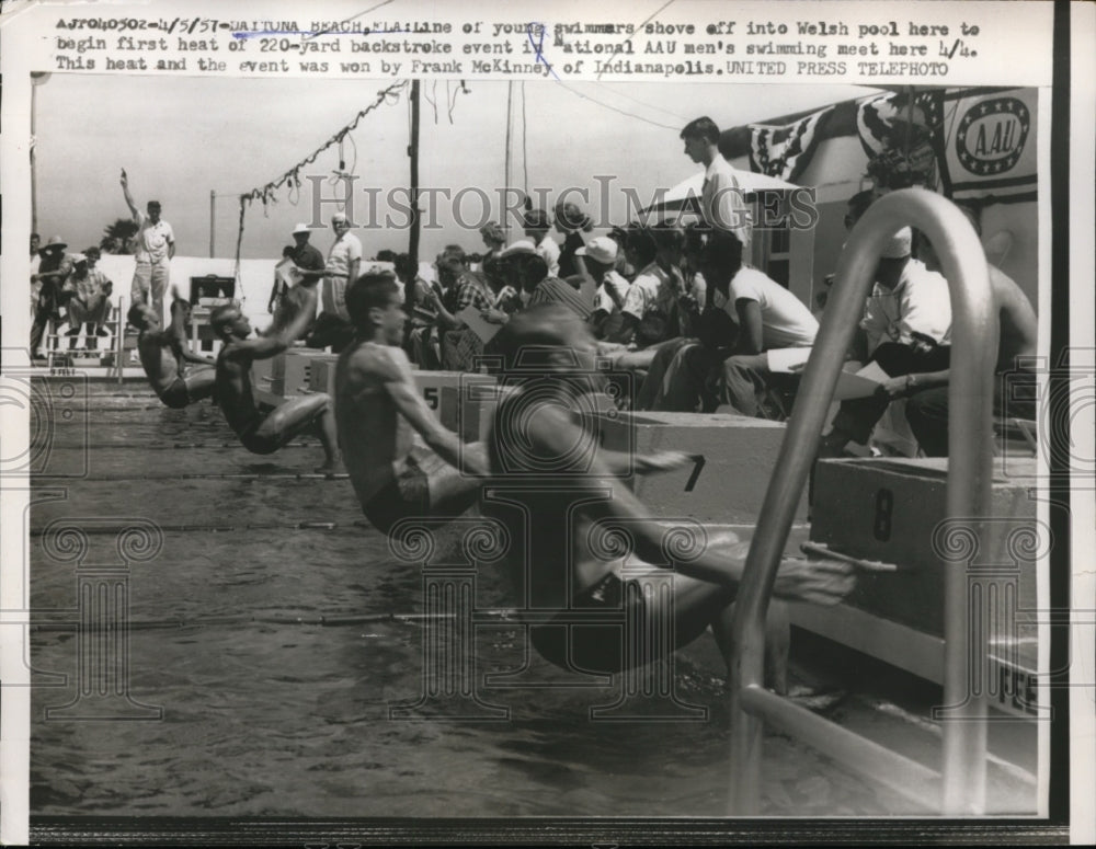 1957 Press Photo Daytona Beach Florida swimmers start 220 backstroke race- Historic Images