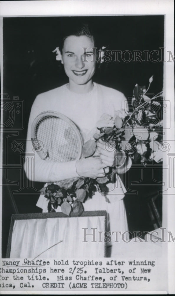 1951 Press Photo Nancy Chaffee with trophies at tennis championships - net22316- Historic Images