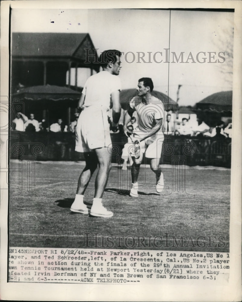 1948 Press Photo Frank Parker vs Ted Schroeder at 29th Tennis tourny RI- Historic Images