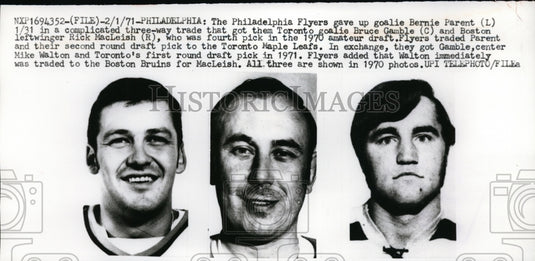1971 Press Photo hockey players Bernie Parent, Bruce Gamble, Rick MacLeish- Historic Images
