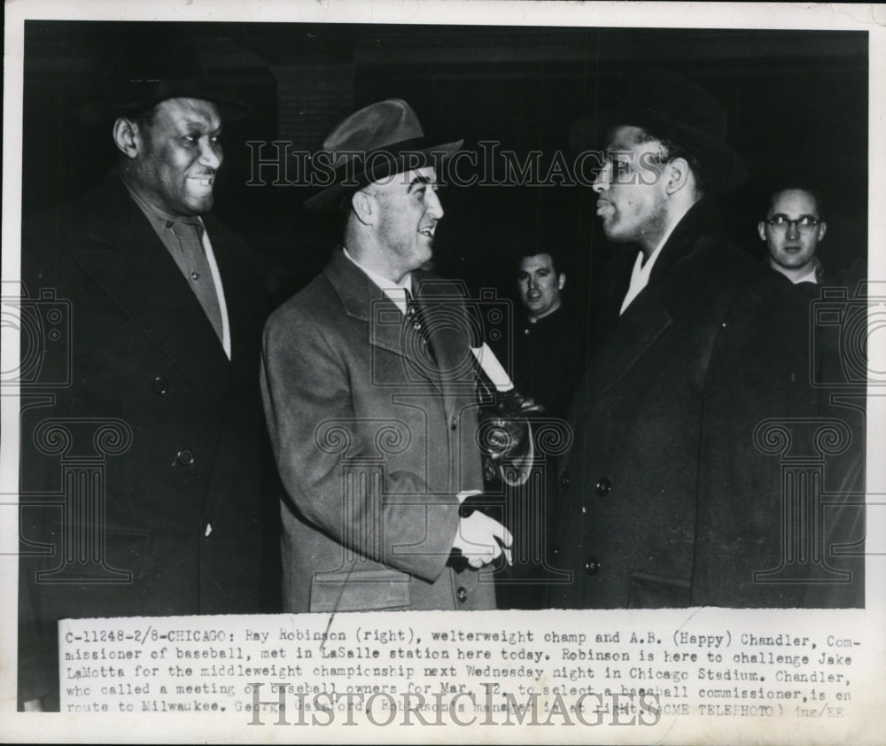 1951 Press Photo boxer Ray Robinson, MLB Commissioner Happy Chandler in Chicago- Historic Images