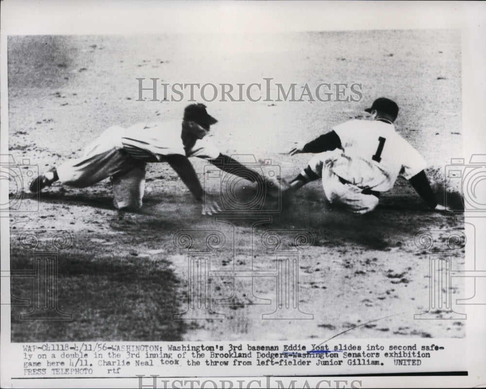 1956 Press Photo Senator Eddie Yost slides to 2nd vs Dodgers Charlie Neal- Historic Images