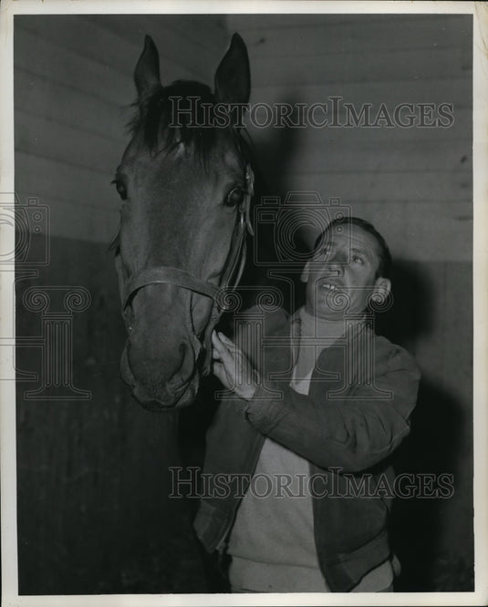 1958 Press Photo Jockey Albert Foot & horse Benguala for steeplechase in NY- Historic Images